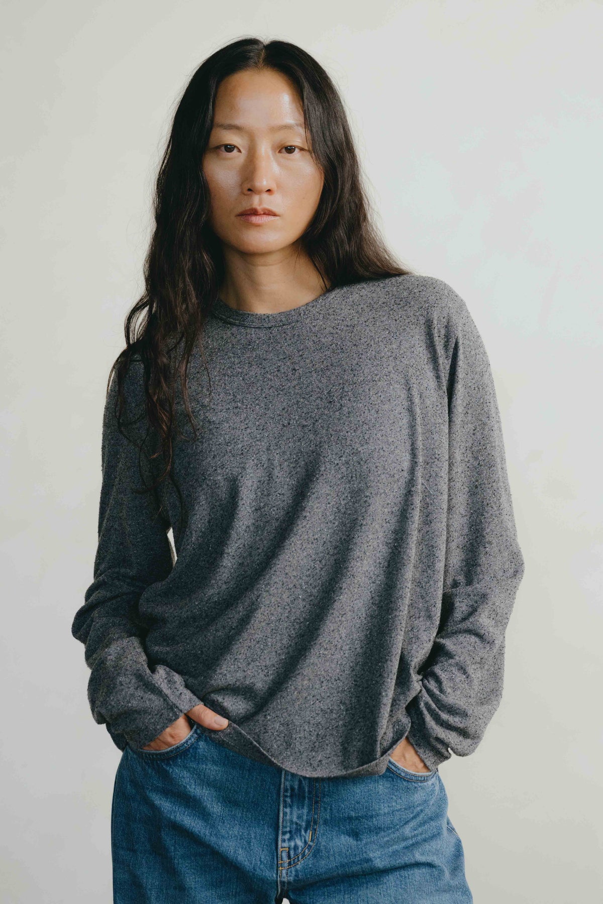 Long Sleeve Big Tee, Regen Silk Noil Jersey, Charcoal