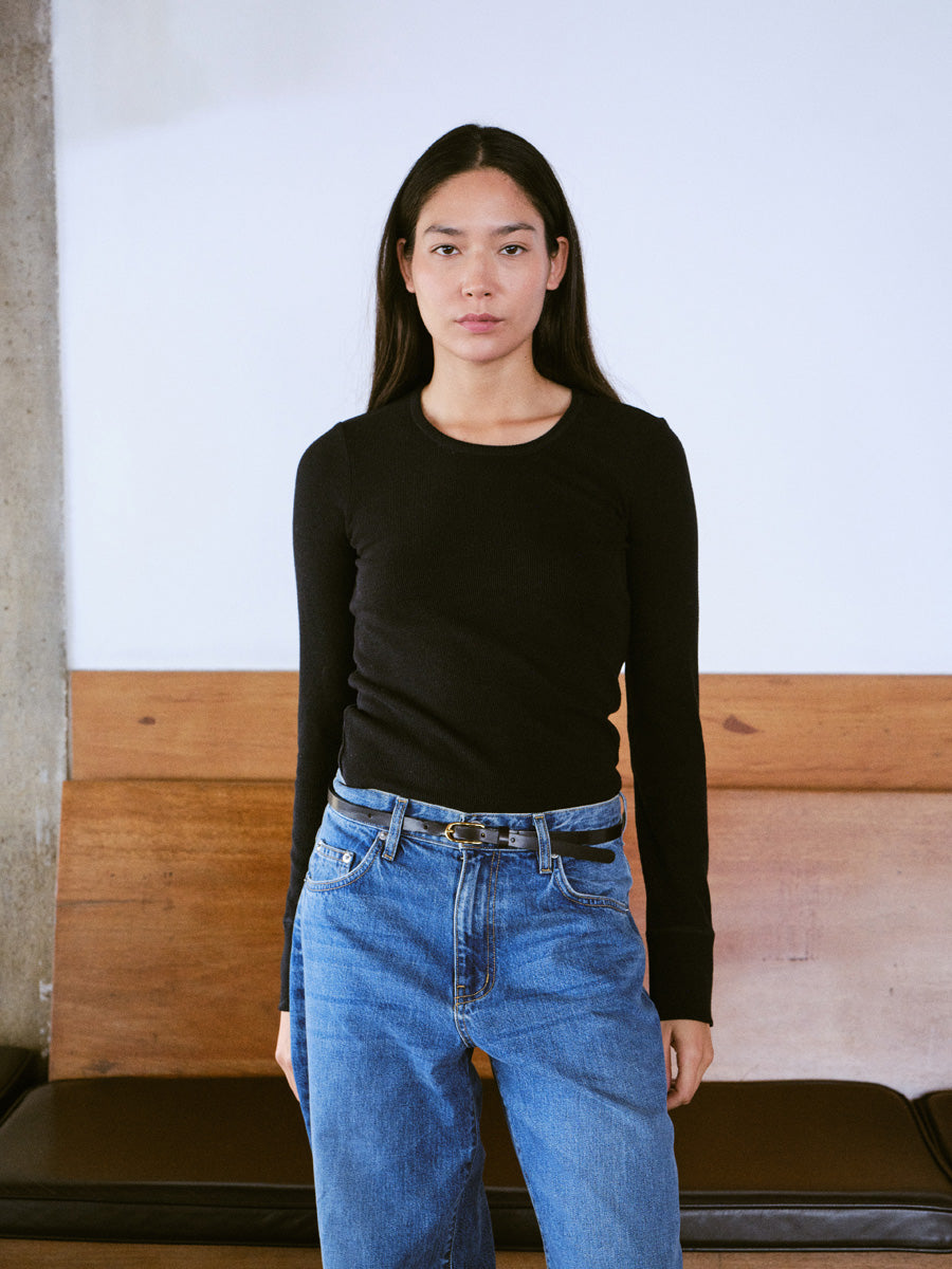 Rib Long Sleeve, Ribbed Silk Noil Jersey, Black