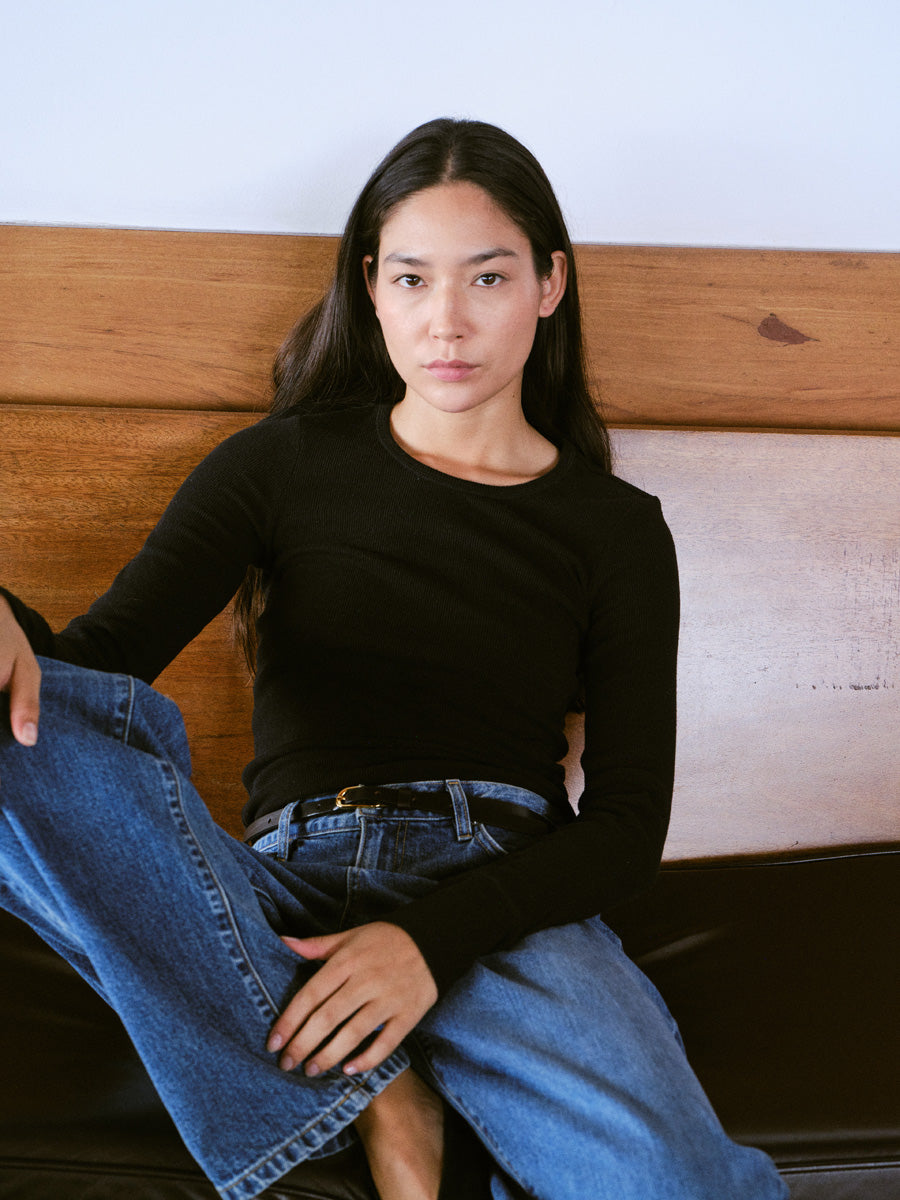 Rib Long Sleeve, Ribbed Silk Noil Jersey, Black