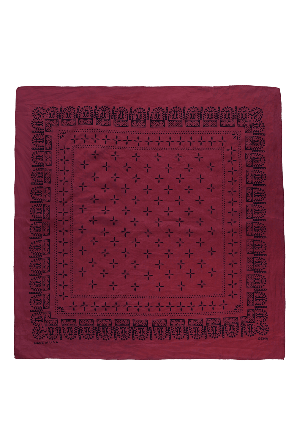 A square bandana in deep burgundy with a black embroidered border and a central cross pattern, laid flat on a white background.