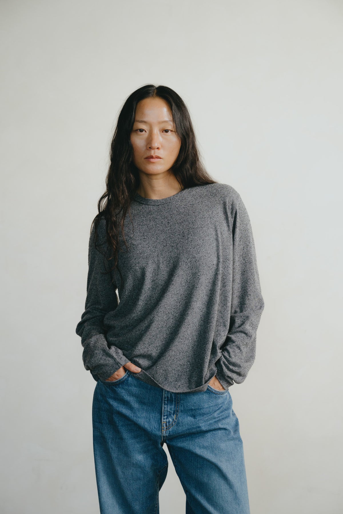 Long Sleeve Big Tee, Regen Silk Noil Jersey, Charcoal